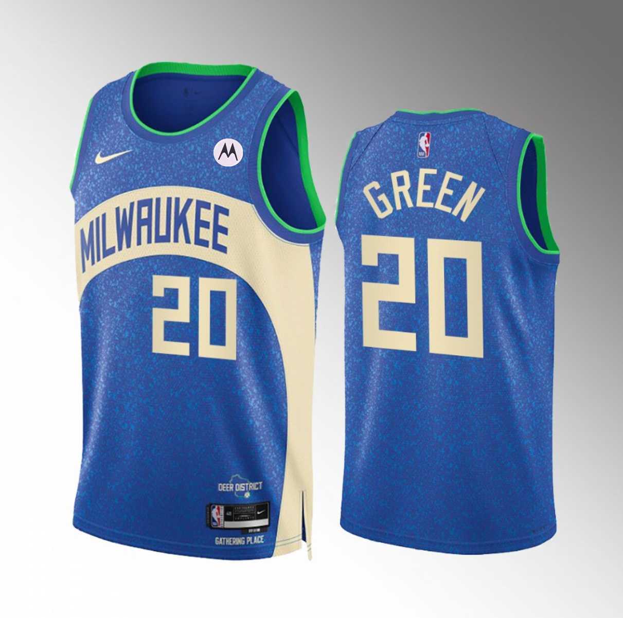 Mens Milwaukee Bucks #20 AJ Green Blue 2023-24 City Edition Stitched Basketball Jersey Dzhi